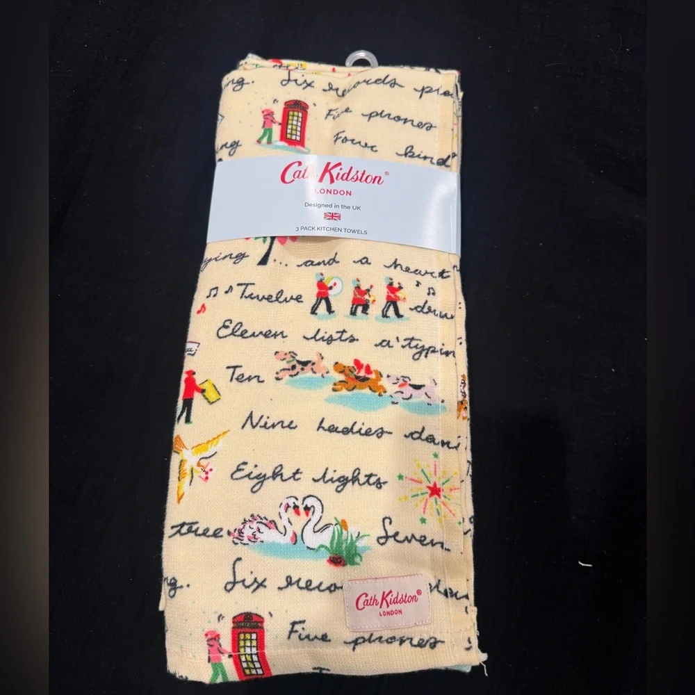 3 Cath Kidston “12 days of Christmas-cream” Printed Towels-GREAT hostess gift 🎁